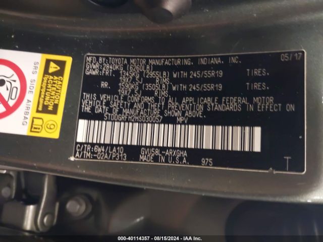 5TDDGRFH2HS030057 Toyota Highlander Hybrid Limited Platinum