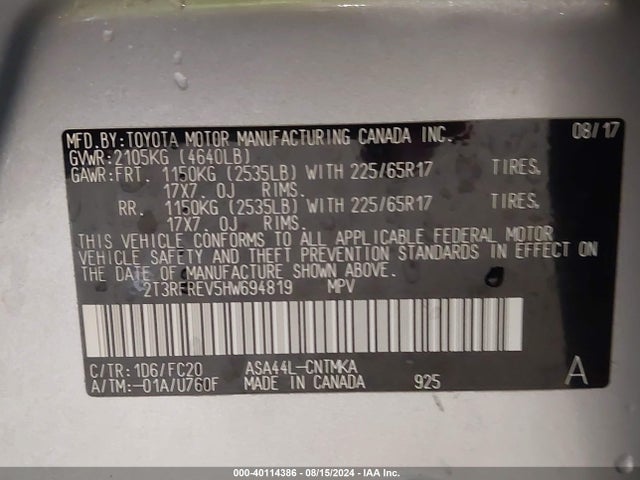 Toyota Rav4 Xle 2017 2T3RFREV5HW694819 Image 9