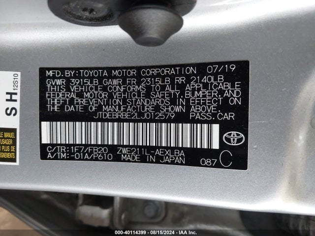 Toyota Corolla Hybrid Le 2020 JTDEBRBE2LJ012579 Image 9