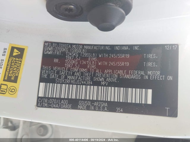 Toyota Highlander Limited Platinum 2018 5TDYZRFH0JS244384 Image 9