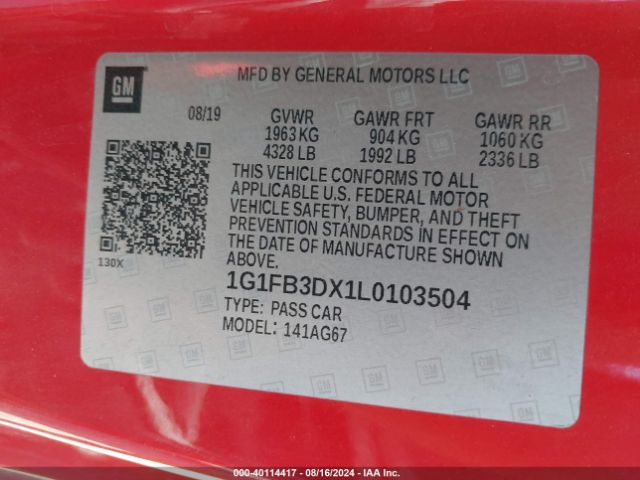 1G1FB3DX1L0103504 Chevrolet Camaro Rwd  1lt