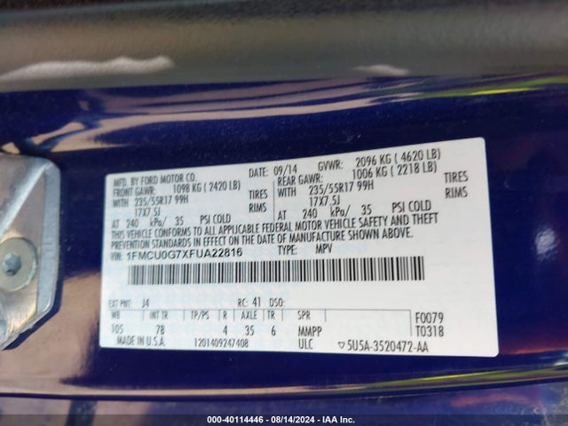 Ford ESCAPE SE 2015 1FMCU0G7XFUA22816 Image 9