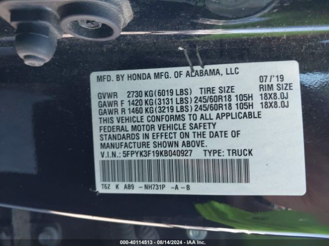 5FPYK3F19KB040927 Honda Ridgeline Sport