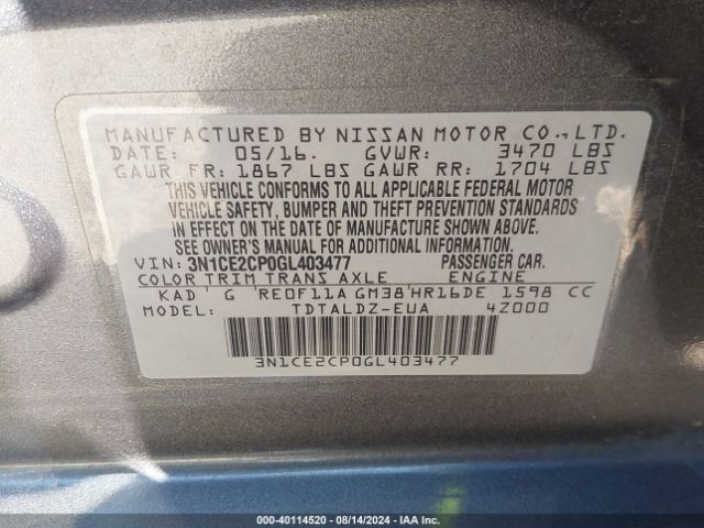 3N1CE2CP0GL403477 Nissan Versa Note S (sr)/s Plus/sl/sr/sv