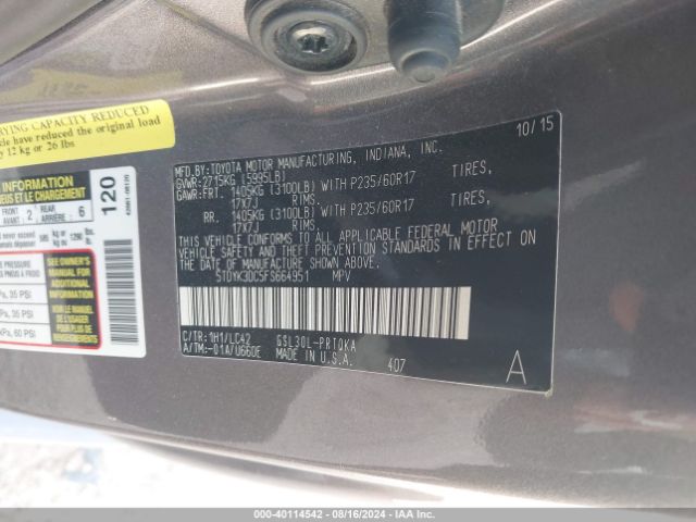 5TDYK3DC5FS664951 Toyota Sienna Xle 8 Passenger