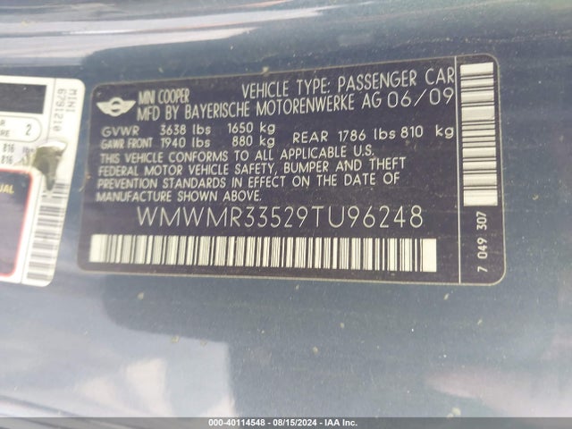 2009 MINI COOPER WMWMR33529TU96248 Photo 8
