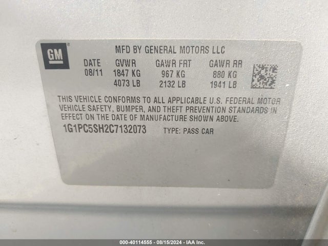 Aukcja sprzedaży 2012 Chevrolet Cruze Ls, vin: 1G1PC5SH2C7132073, numer aukcji: 40114555