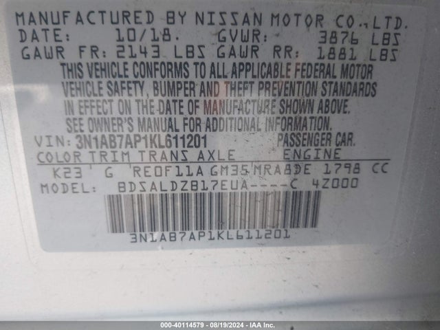 Nissan SENTRA SV 2019 3N1AB7AP1KL611201 Image 9