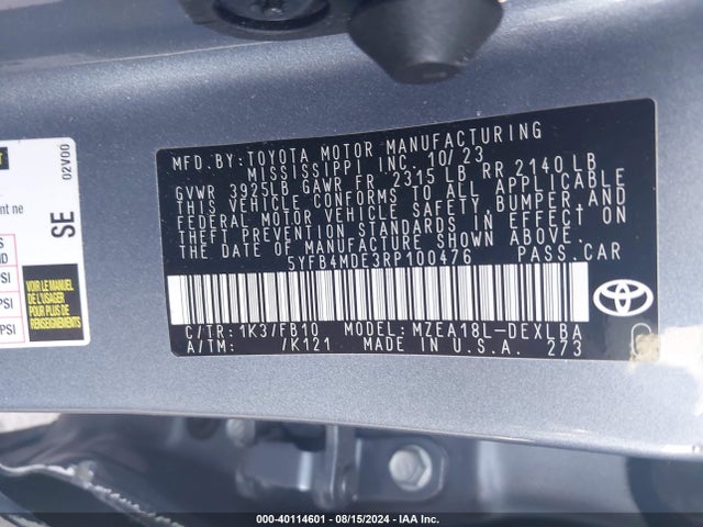 Toyota COROLLA LE 2024 5YFB4MDE3RP100476 Image 9