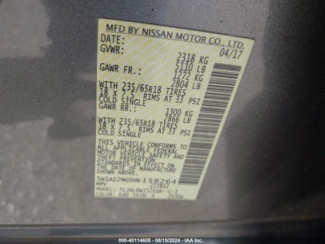 5N1AZ2MG0HN158264 Nissan MURANO SL