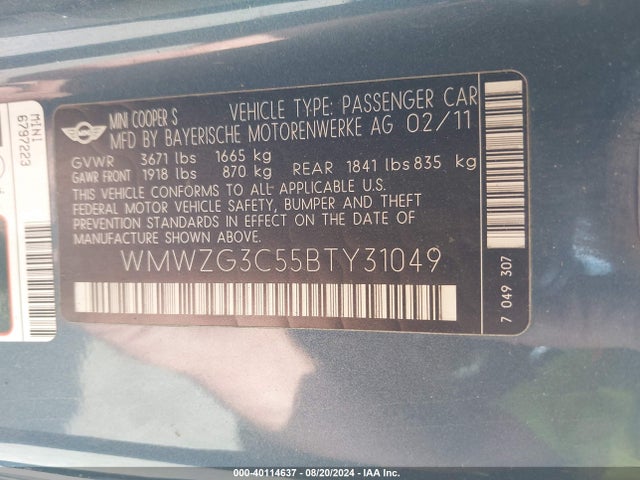 2011 MINI COOPER S CLUBMAN WMWZG3C55BTY31049 Photo 8