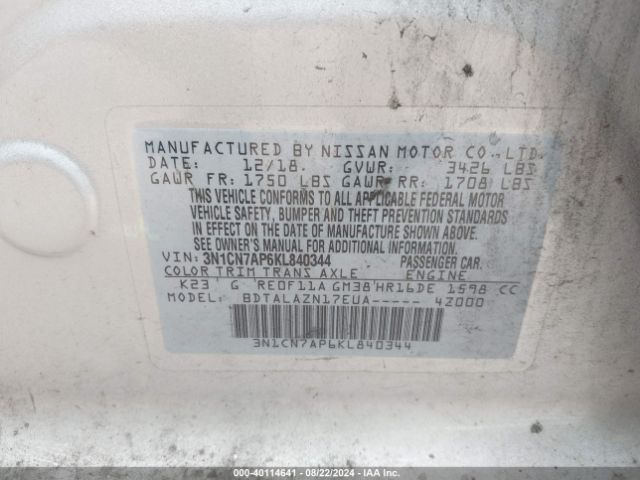 3N1CN7AP6KL840344 Nissan Versa 1.6 S+