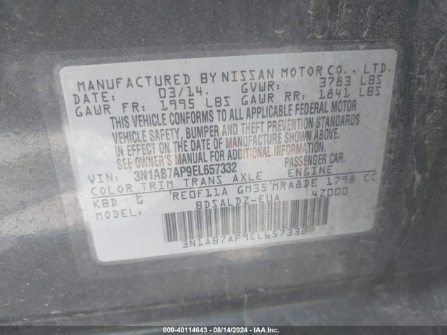 Nissan SENTRA SV 2014 3N1AB7AP9EL657332 Image 9