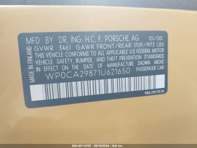 2001 PORSCHE BOXSTER WP0CA29871U621650 Photo 8