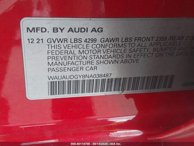 WAUAUDGY8NA038487 Audi A3 Premium 40 Tfsi Front-wheel Drive S Tronic