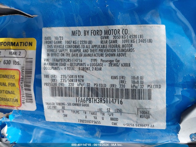 Ford Mustang Ecoboost Premium Fastback 2024 1FA6P8TH3R5114716 Image 9