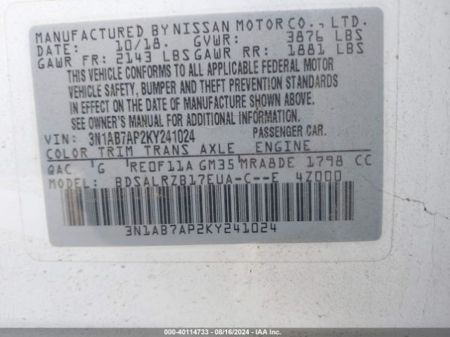 3N1AB7AP2KY241024 Nissan SENTRA SR