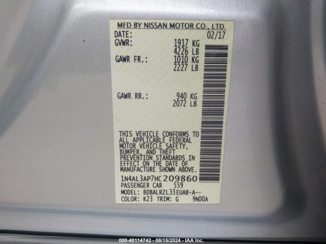 Nissan Altima 2.5 Sl 2017 1N4AL3AP7HC209860 Image 9