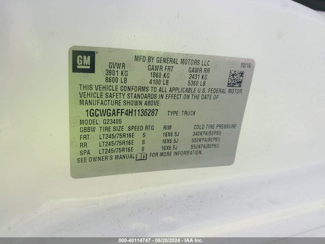 Chevrolet Express 2500 Work Van 2017 1GCWGAFF4H1136287 Image 9
