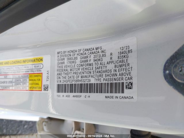 2HGFE2F58RH532729 Honda Civic Sport