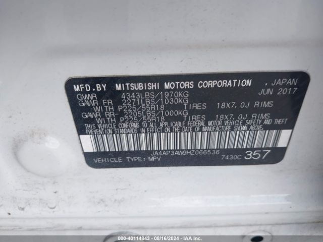 JA4AP3AW9HZ066536 Mitsubishi Outlander Sport 2.4 Se