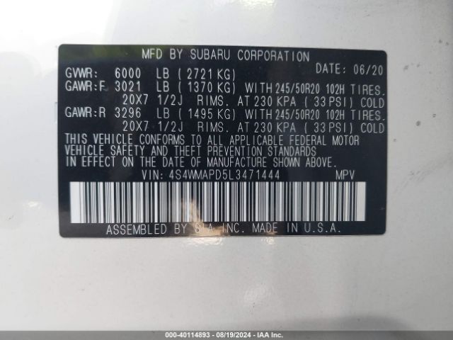 4S4WMAPD5L3471444 Subaru Ascent Limited