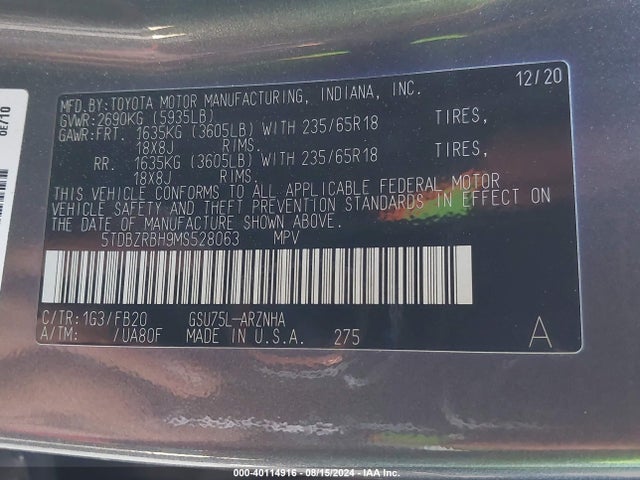 Toyota Highlander Le 2021 5TDBZRBH9MS528063 Image 9
