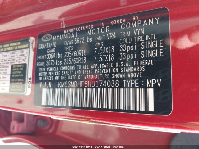 KM8SMDHF8HU174038 Hyundai Santa Fe Se