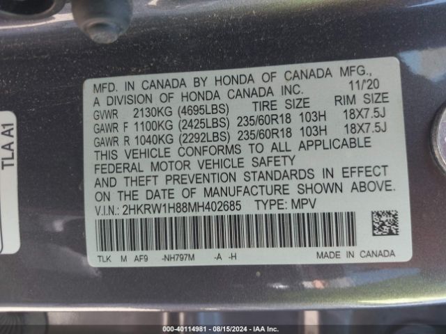 2HKRW1H88MH402685 Honda Cr-v 2wd Ex-l