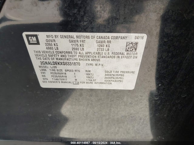 Chevrolet Equinox Ltz 2016 2GNALDEKXG6331870 Image 9