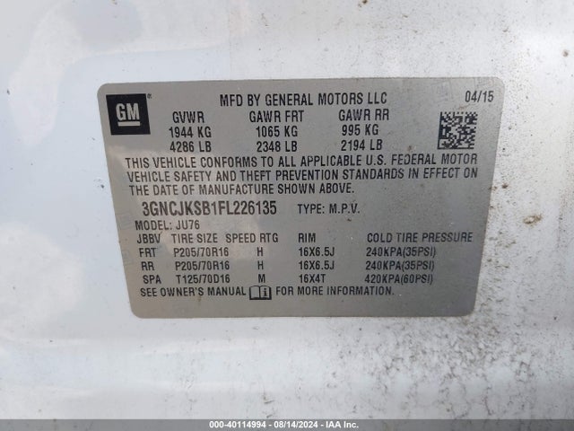 Chevrolet Trax 1ls 2015 3GNCJKSB1FL226135 Image 9