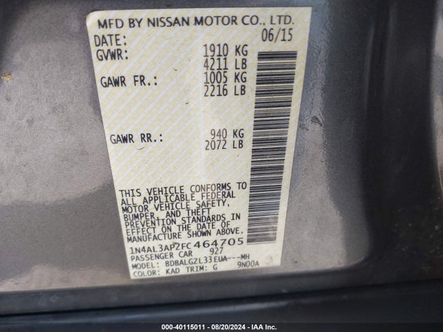 Nissan Altima 2.5 S 2015 1N4AL3AP2FC464705 Image 9