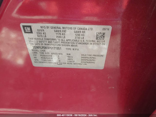 Chevrolet EQUINOX 1LT 2015 2GNFLFEK9F6171951 Image 9