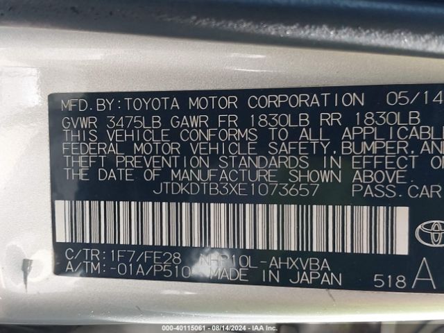 JTDKDTB3XE1073657 Toyota Prius C One