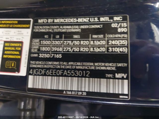 4JGDF6EE0FA553012 Mercedes-Benz Gl 450 4matic
