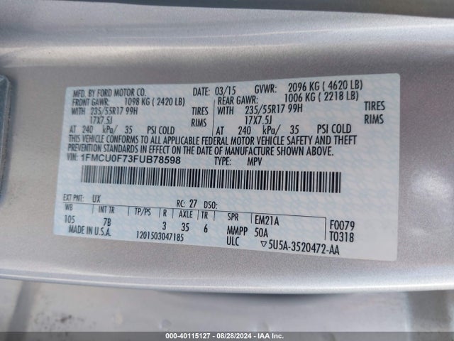Ford ESCAPE S 2015 1FMCU0F73FUB78598 Image 9