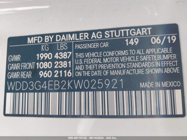 WDD3G4EB2KW025921 Mercedes-Benz A 220