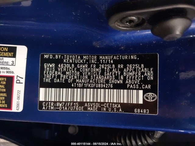 Toyota CAMRY SE 2015 4T1BF1FK0FU894276 Image 9