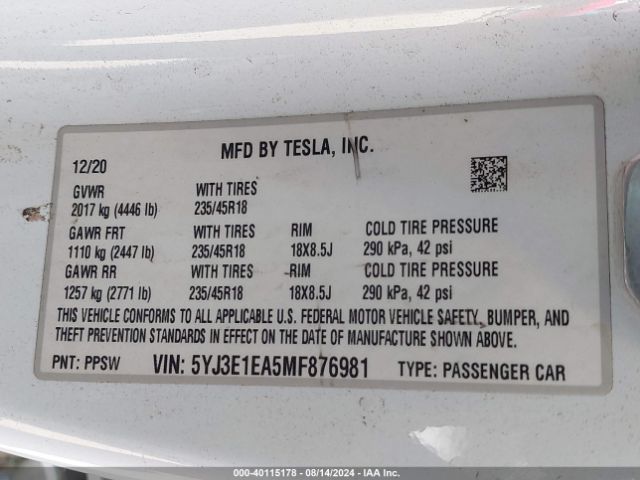 5YJ3E1EA5MF876981 Tesla Model 3 Standard Range Plus Rear-wheel Drive