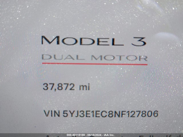 5YJ3E1EC8NF127806 Tesla Model 3 Performance Dual Motor All-wheel Drive