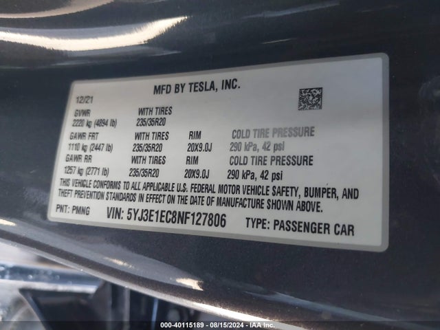 2022 TESLA MODEL 3 5YJ3E1EC8NF127806 Photo 8