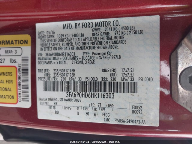 Ford FUSION SE 2017 3FA6P0HD6HR116303 Image 9