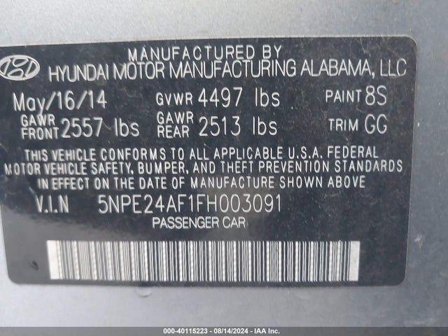 Hyundai SONATA SE 2015 5NPE24AF1FH003091 Image 9