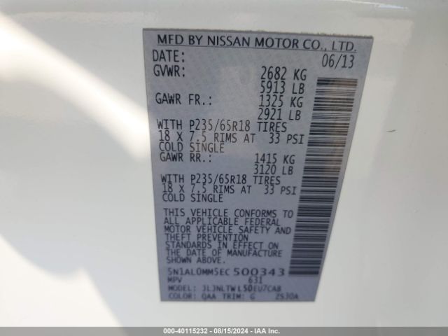 5N1AL0MM5EC500343 Infiniti QX60
