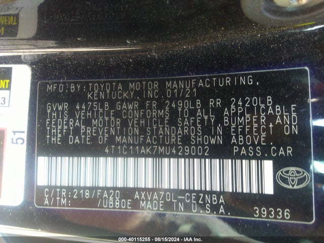 4T1C11AK7MU429002 Toyota CAMRY LE