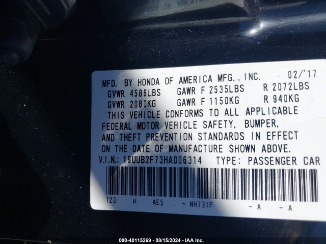 19UUB2F73HA006314 Acura Tlx Advance Package