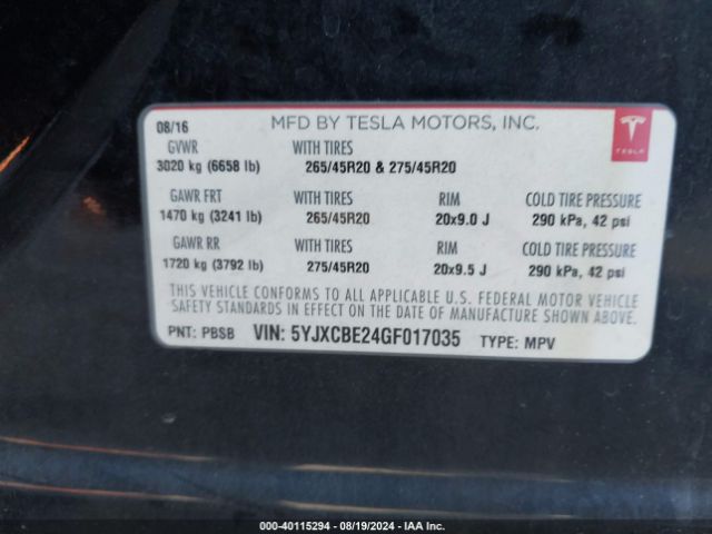 5YJXCBE24GF017035 Tesla Model X 60d/70d/75d/90d/p100d