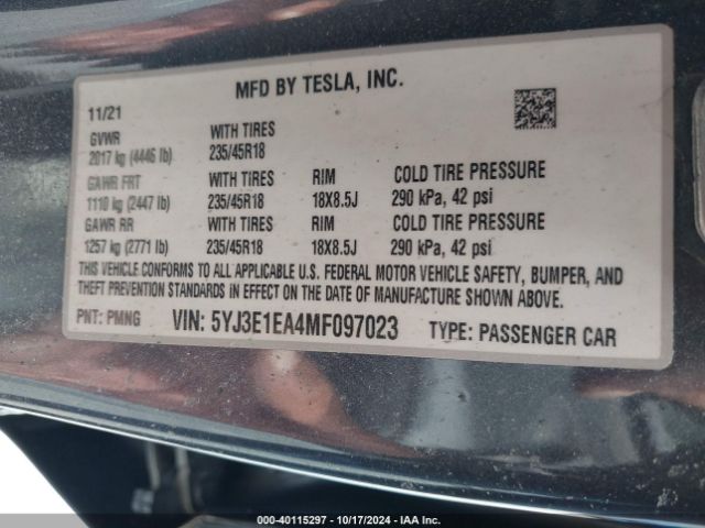 5YJ3E1EA4MF097023 Tesla Model 3 Standard Range Plus Rear-wheel Drive