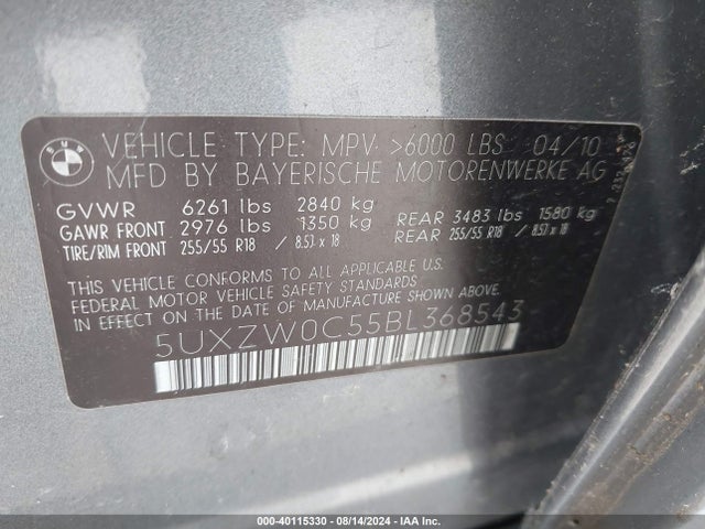 Aukcja sprzedaży 2011 Bmw X5 Xdrive35d, vin: 5UXZW0C55BL368543, numer aukcji: 40115330