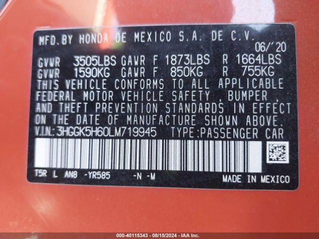 3HGGK5H60LM719945 Honda Fit Sport